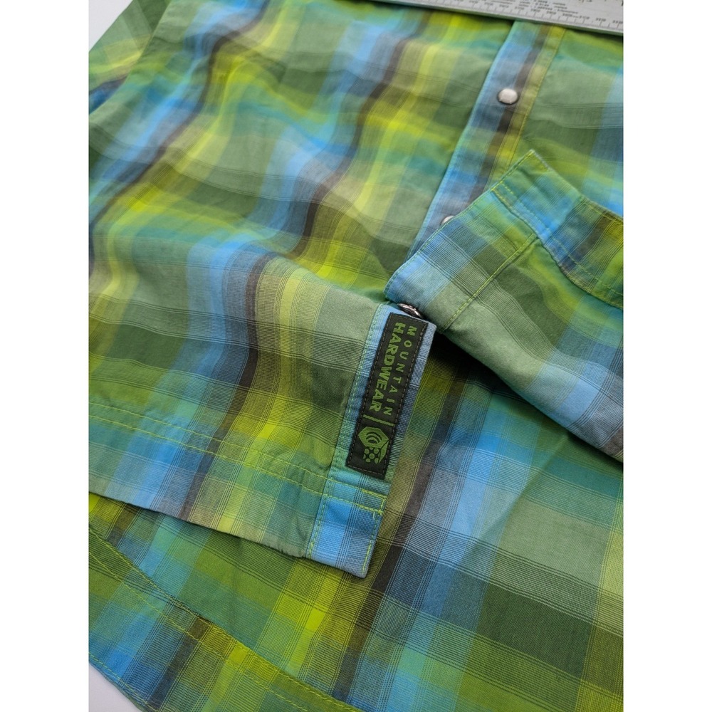 Mountain Hardwear Men's XL Plaid Snap Front Short Sleeve Hiking Shirt Green Blue - Picture 6 of 12